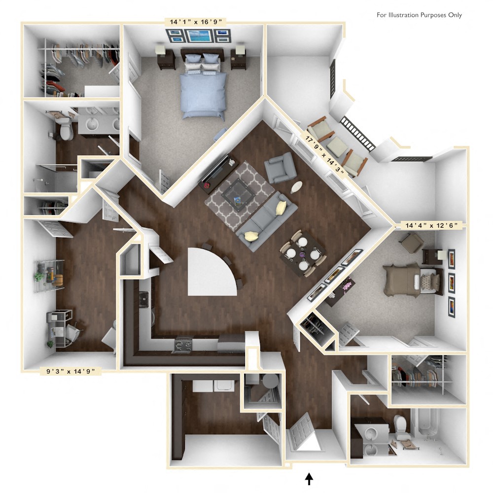 Floor plan for 2 beds, 2 baths, 1467 sqft